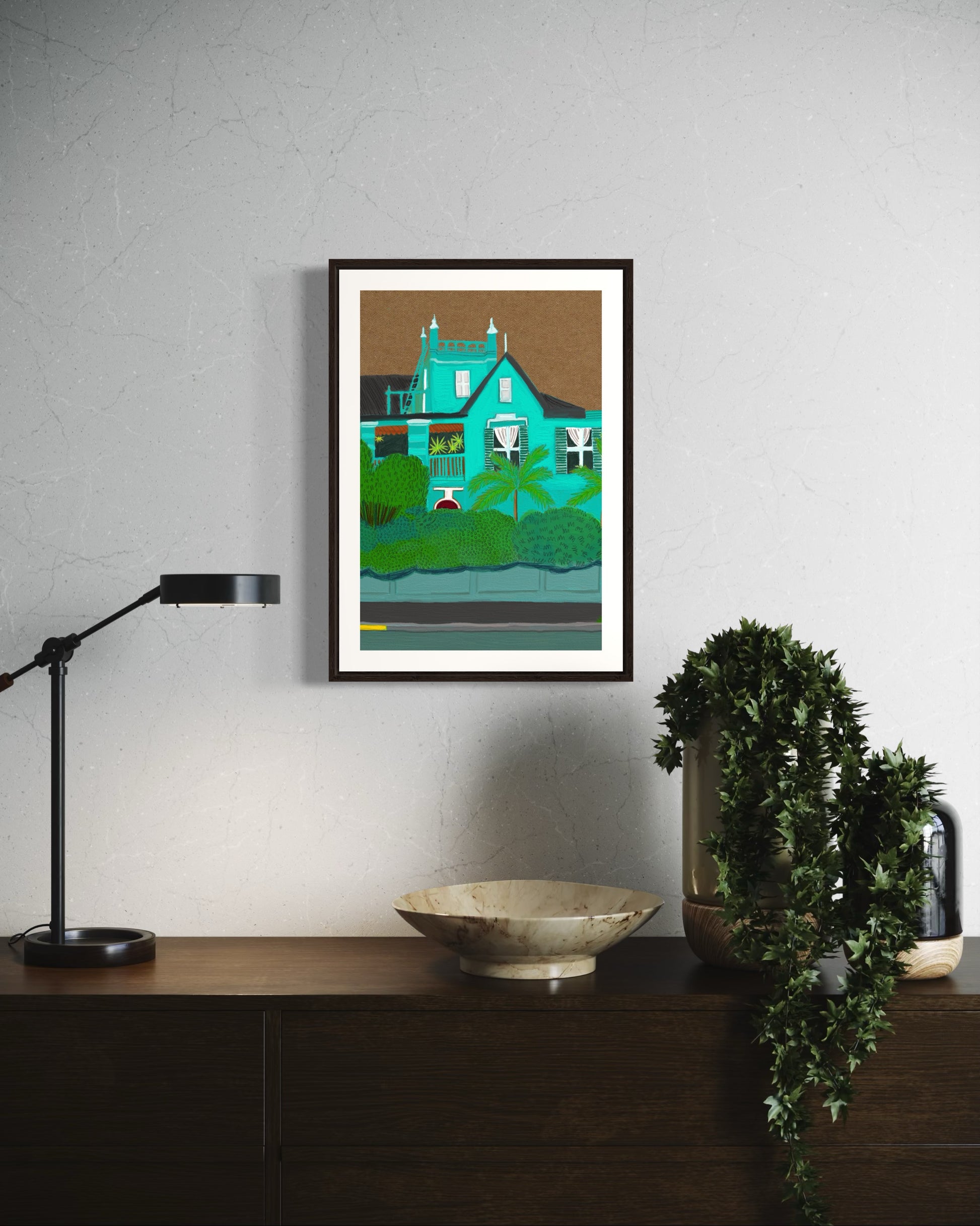 An artwork of a turquoise house by Nina Minke Holloway